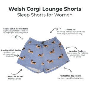 Welsh Corgi lounge shorts with Welsh Corgi pattern on a white background with text detailing features.