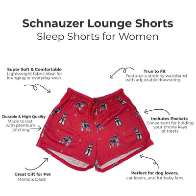 Schnauzer lounge shorts with Schnauzer dog pattern on a white background with text describing features.