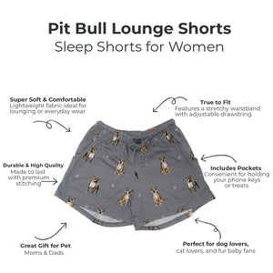Pit Bull Lounge Shorts for women with product features on a white background