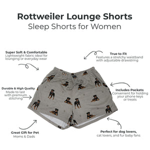 Rottweiler-themed lounge shorts for women with product features highlighted on a white background.