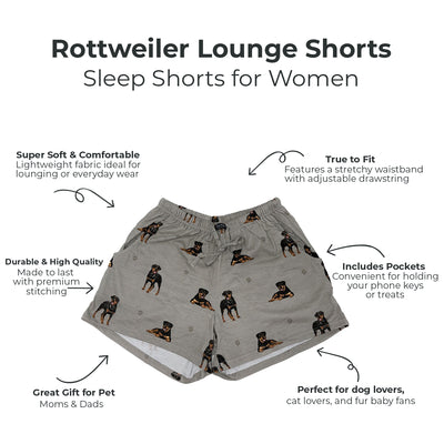 Rottweiler-themed lounge shorts for women with product features highlighted on a white background.