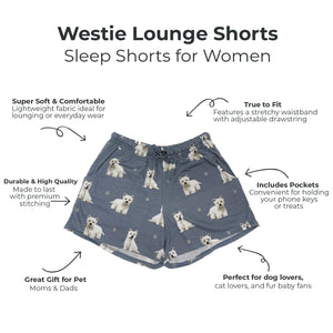 Westie Lounge Shorts for women with product features on a white background