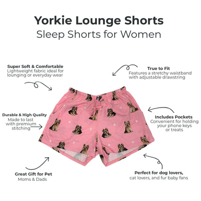 Yorkie lounge shorts with Yorkie dog pattern on a white background with text describing features.