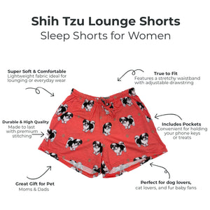 Shih Tzu lounge shorts with Shih Tzu pattern on a white background with product features listed.