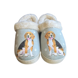 a pair of slippers with a dog on them