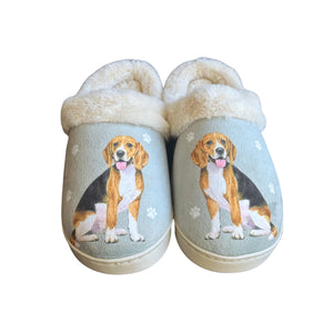 a pair of slippers with a dog on them