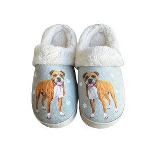 a pair of slippers with a dog on them