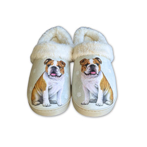 a pair of slippers with a dog on them