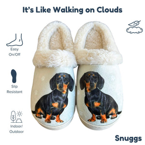 a pair of slippers with a picture of a dachshund on them