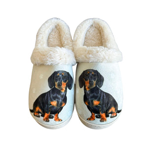 a pair of slippers with a picture of a dog on them