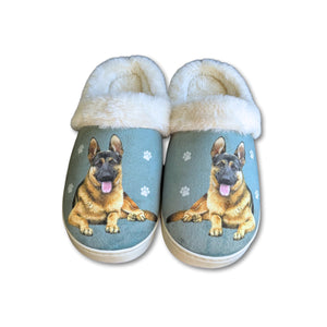 a pair of slippers with a dog on them