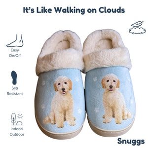 a pair of slippers with a picture of a dog on them