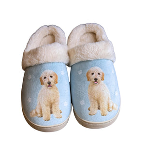 a pair of slippers with a picture of a dog on them