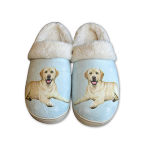 a pair of slippers with a picture of a dog on them