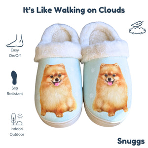 a pair of slippers with a picture of a dog on them