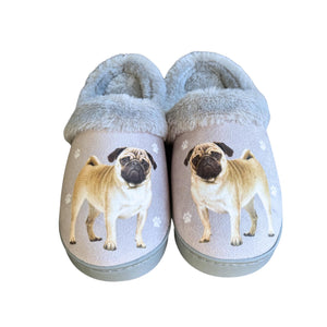 a pair of slippers with a picture of a pug on them