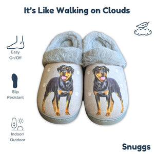 a pair of slippers with a picture of a dog on them