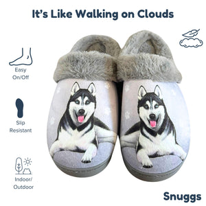 a pair of slippers with a picture of a dog on them