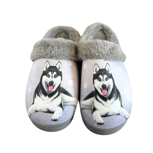 a pair of slippers with a husky dog on them