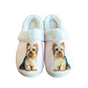 a pair of slippers with a picture of a dog on them