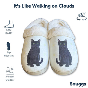 a pair of slippers with a black cat on them