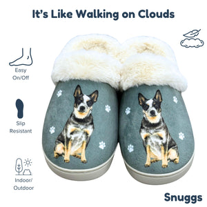a pair of slippers with a picture of a dog on them