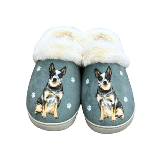 a pair of slippers with a dog on them
