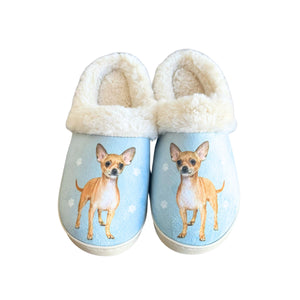 a pair of slippers with a dog on them