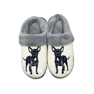 a pair of slippers with a dog on them