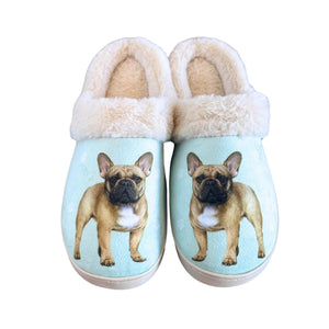 a pair of slippers with a picture of a dog on them