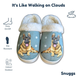 a pair of slippers with a picture of a dog on them