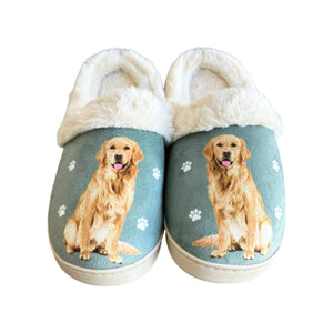 a pair of slippers with a golden retriever on them