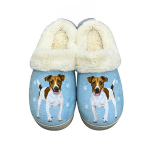 a pair of blue slippers with a brown and white dog on it