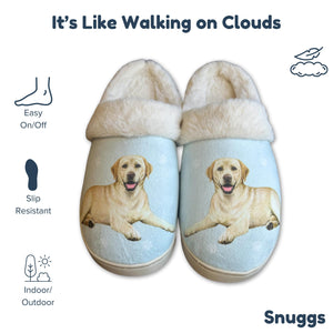 a pair of slippers with a picture of a dog on them