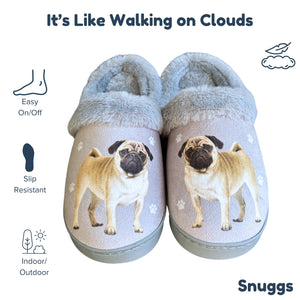 a pair of slippers with a picture of a pug on them