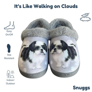 a pair of slippers with a picture of a dog on them