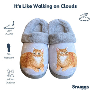 a pair of slippers with a picture of a cat on them