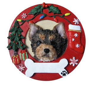 Yorkie pup Red Wreath Ornament