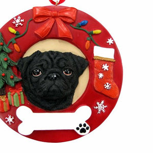 Pug black Red Wreath Ornament