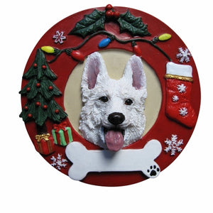 German Shepherd white Red Wreath Ornament