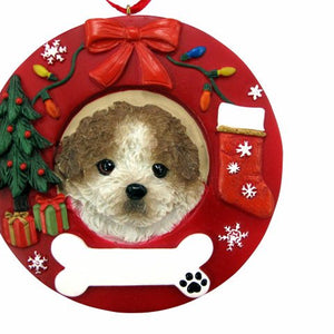 Shih Tzu tan and white puppy cut Red Wreath Ornament