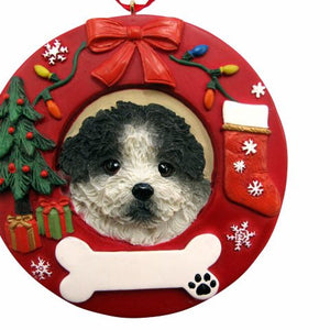 Shih Tzu black and white puppy cut Red Wreath Ornament