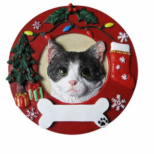 Black and White cat Red Wreath Ornament