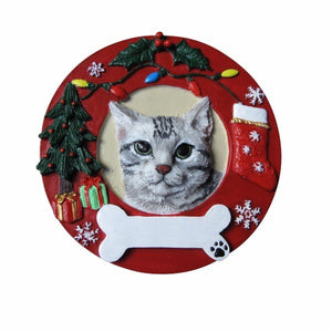 Tabby silver cat Red Wreath Ornament