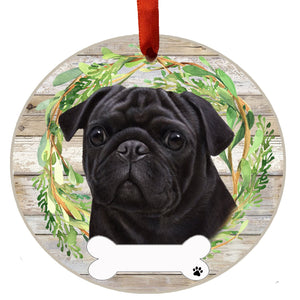 Pug Black Ceramic Wreath Ornament